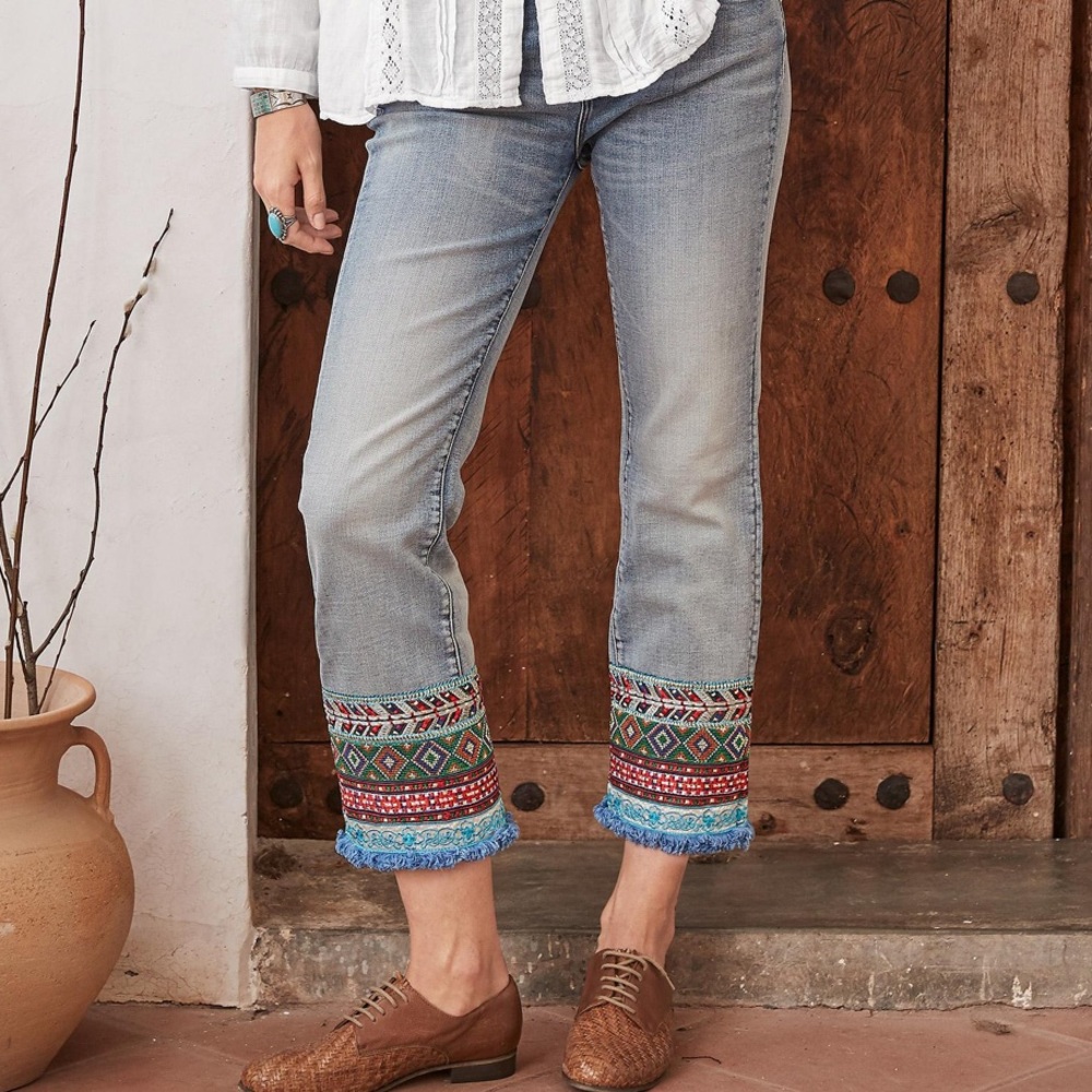 DRIFTWOOD Light Wash Jeans with Multicolor Embroidered Cuffs